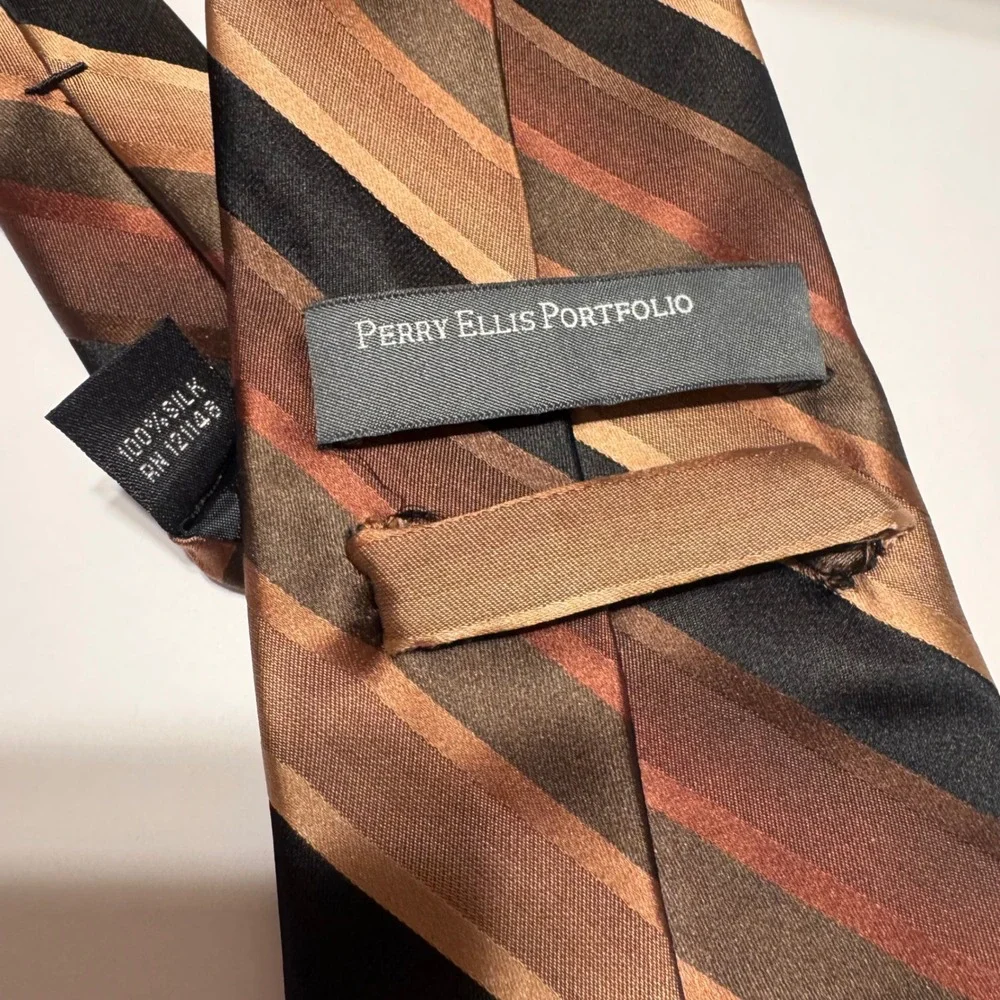 Perry Ellis Portfolio 100% Silk Striped‎ Necktie Men Formal Brown Black